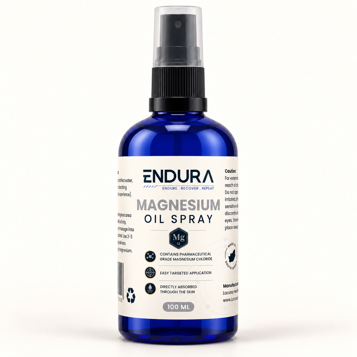 Endura Magnesium Oil Spray in a blue glass spray bottle